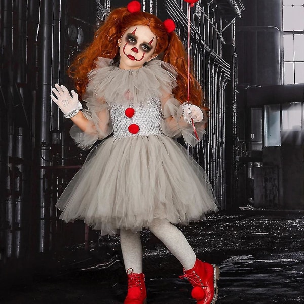 [halva priset] Pennywise Barn Flickor Clowner Halloween Party Cosplay Kostym Klänning + Handskar + Hårklämmor Set 7-8 Years