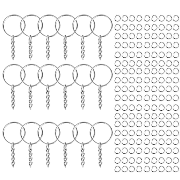 100 stk. Sølvfarvede metal split nøgleringe 1 tomme / 25 mm med kæde og åben springring og rund konnektor til gør-det-selv