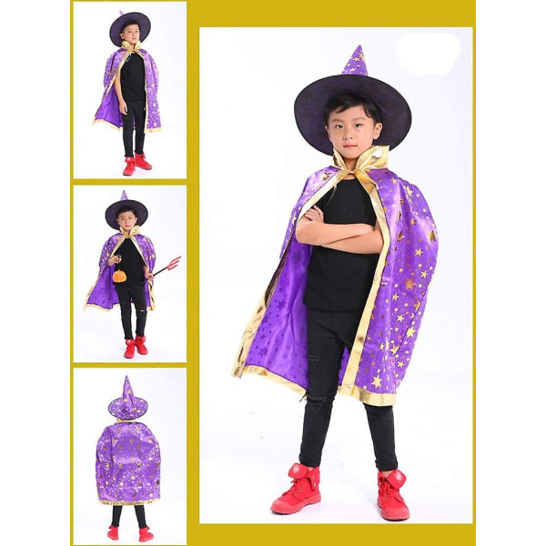Kids Shining Stars Halloween Cape Kappor Med Krage Trollkarl Lång Cosplay Dräkt Saga Hjälte Finklänning Robe Med Hatt Finklänning Kostym För Chri Purple
