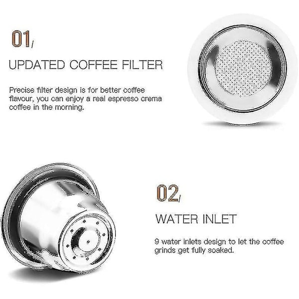 Återanvändbara kapslar, rostfritt stål, 3 stycken påfyllningsbara pads för Nespresso + 1 Tamper + 1 Sked + 1 [db]