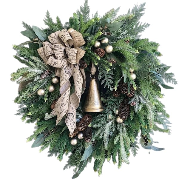 Julkrans i lantlig stil med klocka, julkrans för ytterdörren, hängande dekoration, juldekoration