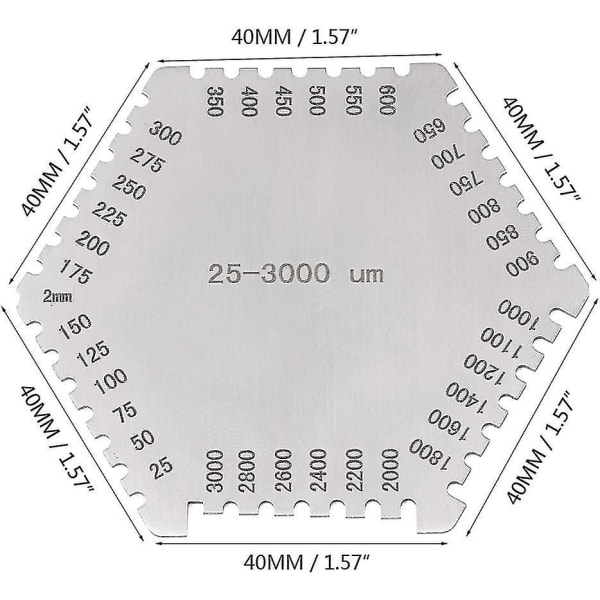 Ruostumattomasta teräksestä valmistettu, erittäin tarkka paksuusmittari, 25~3000 um, märkäkalvokampa, mil-asteikko