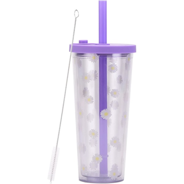 Reusable Boba Cup with Resealable Lid Plug - 20 oz Double Wall Insulated Boba Tea Cup Milk Tea Cup with Wide Reusable Straw (Purple)