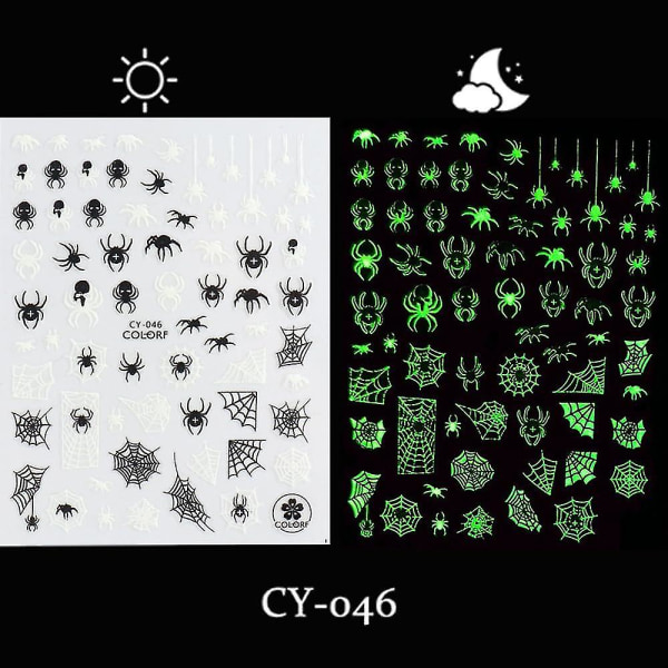 Glow in the Dark Halloween Nail Art Stickers - skalle, fladdermus, spindelnät och katt