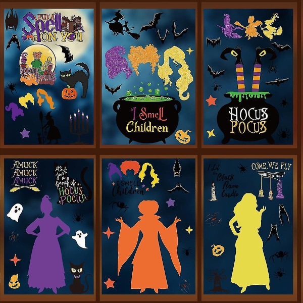 Halloween Window Clings: Witch, Black Cat, Pumpkin Design - 9st
