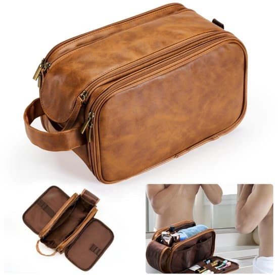 Necessär i PU-läder för män med hängkrok, stor resenecessär Dopp Kit, vattenresistent, brun