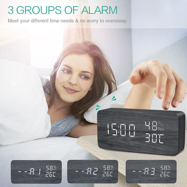 LED Väckarklocka, Digital Träklocka, Multifunktionell Väckarklocka, 3 Separata Alarm, Röst- & Beröringsaktiverad, Temperatur