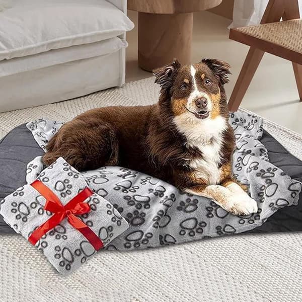 Blødt kæledyrstæppe med poteprintmønster, hyggeligt flanneltæppe til hunde og katte, maskinvaskbart til transportbur, sofa, seng og bil, 40 x 60 cm, grå
