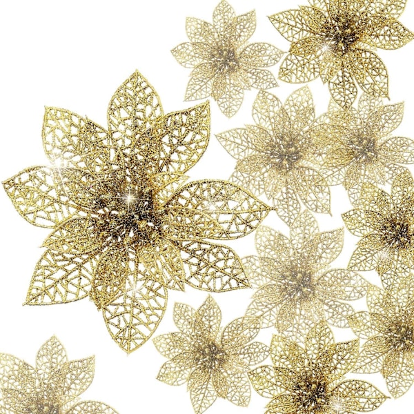 24 st glitter poinsettia julgransprydnad julblommor dekorationsornament (guld, 15 cm)