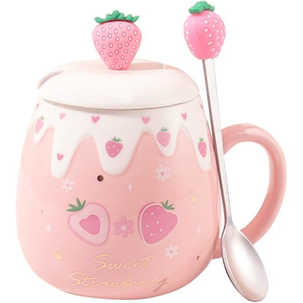 Søt Jordbær Krus Rosa Kaffe Krus Keramikk Kawaii Kopp Morgen Te Melk Frukt Krus med Nydelig Lokk Skje Kreativ Nyhet 500MLs