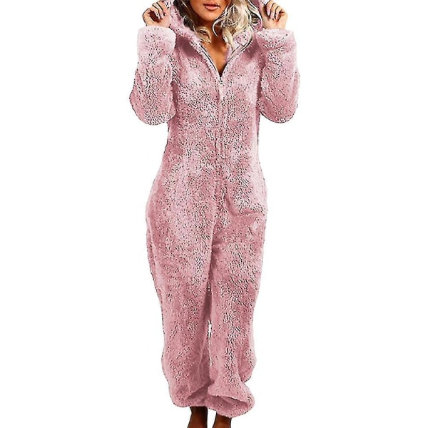 Dam Vinter Fluffy Fleece Hooded Allt i en Jumpsuit Pink S