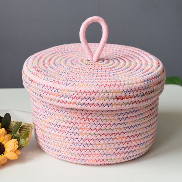 Kurver med Lokk Vevd Bomullsrepskurver Oppbevaringsdekorasjon for Hyller Rosa 22x14cm