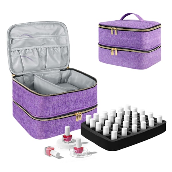 Double Layer Nail Polish Organizer Case, Nail Bag Holds Nail Lamp & 30 Bottles Nail, Hard Partition & Detachable Shoulder Strap