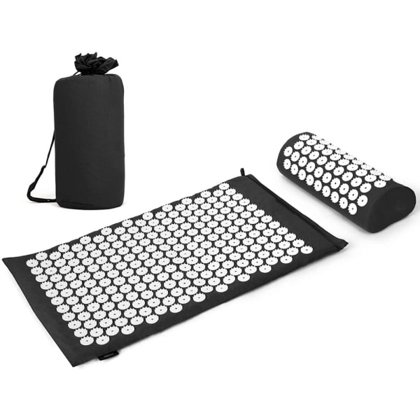 Akupressurmatte og Putesett med Veske Akupunkturmatte for Nakke- og Ryggsmerter, Muskelavslapning Stresslindring, Isjiassmerte Lindring Pute - Black