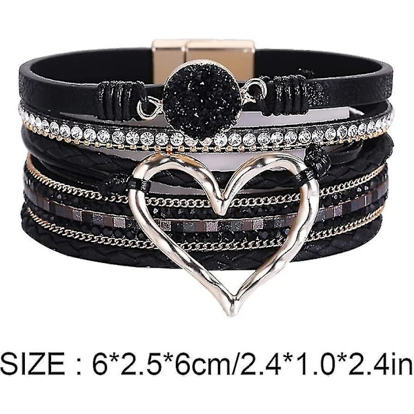 Læder Wrap Armbånd Hjerte Lagdelt Armbånd Bred Manchet Bangle Boho Armbånd Med Magnetisk Lås Sort Mand Jia