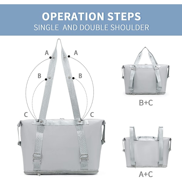 Utvidbar reiseveske for kvinner med trillehylse, helge- og sykehusbag med dobbel skulderstropp, håndbagasje, lysegrå
