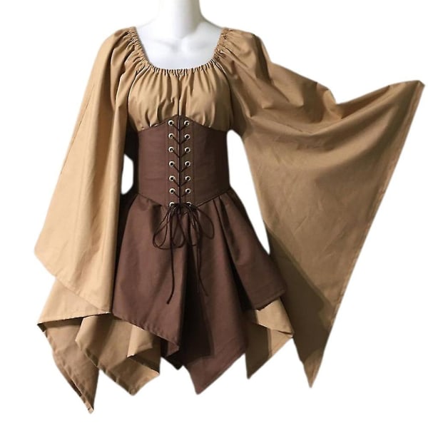 Kvinnors medeltida renässansklänning viktoriansk pirat irländsk vikinga vintage cosplay kostym Klä upp för Halloween Carnival Party H XL Khaki