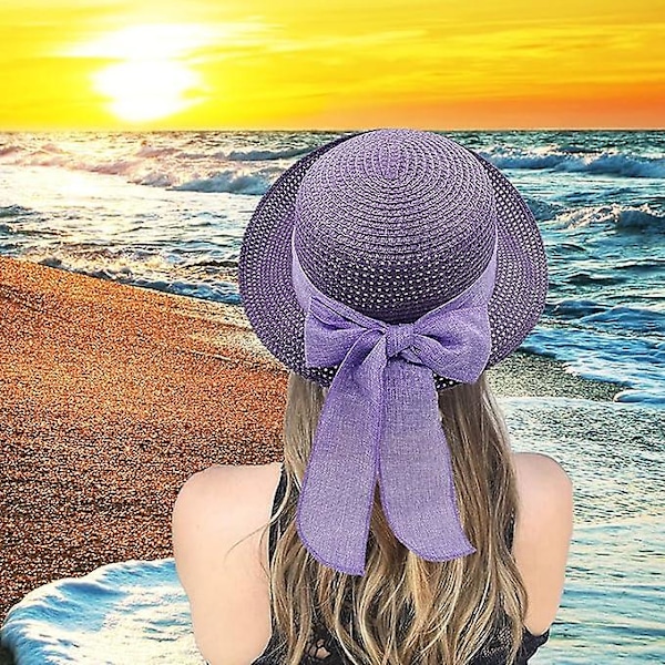 Solhatt Dam Straw Hat Bred Brätte Sommar Strandhatt Lila