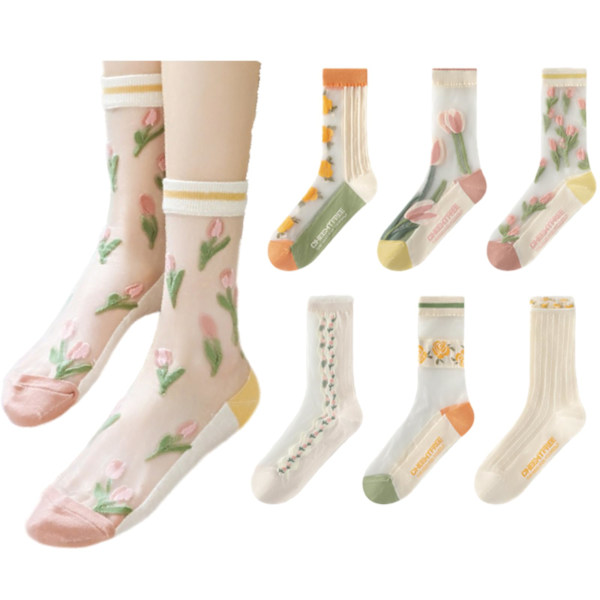6 par damstrumpor, genomskinliga strumpor, sommarstrumpor i transparent mesh-spets, tunna jacquard-kristallstrumpor