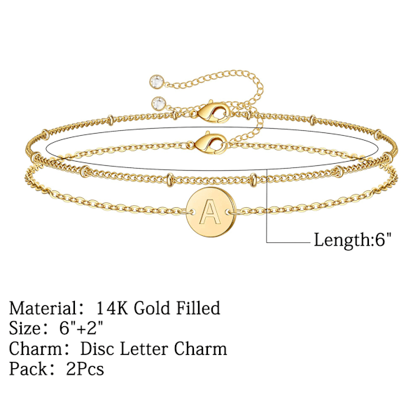 Guld personligt graveret bogstav armbånd personligt monogram navn armbånd justerbar til kvinder（6+2 tommer）