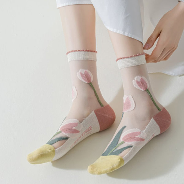 6 par damstrumpor, genomskinliga strumpor, sommarstrumpor i transparent mesh-spets, tunna jacquard-kristallstrumpor