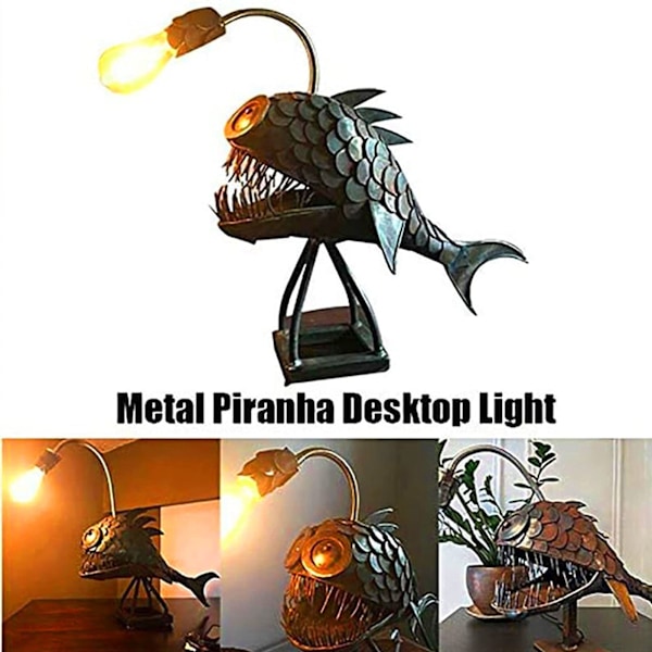 Steampunk-inspirerad fisklampa, handgjord staty i smidesjärn, marin dekoration, sovrumsbelysning