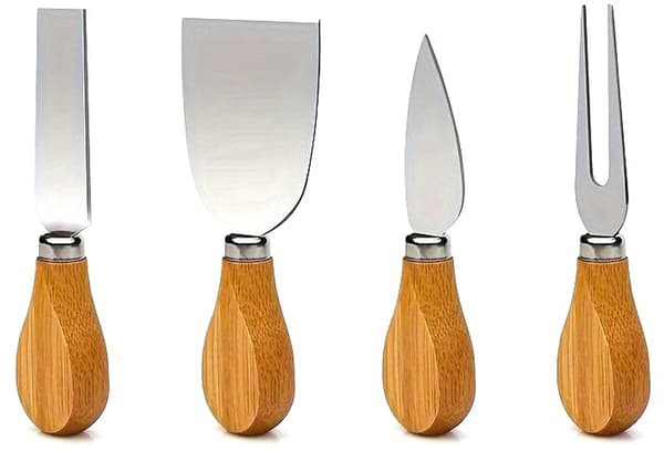 Bambus Ostebakke Sæt Med 4 Knive I Rustfrit Stål, Træ Serveringsfad, Til Fester Og Underholdning, Naturlig Bambus