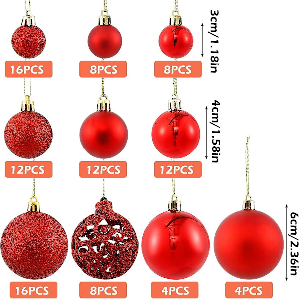 100 stk. julekugler, julekuglepynt, juletræspynt, ophængsdekoration, ubrudbare vedhængskugler til jul (rød)