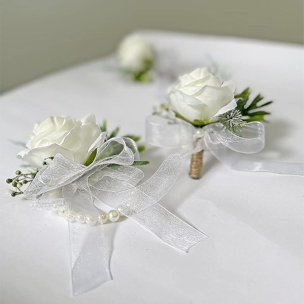 2 stk. Hvide Rose Dame Håndled Blomster og Herre Knaphuls Corsage Velegnet til Brud og Brudepige Bryllup Prom