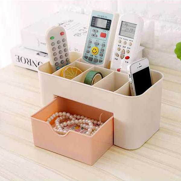 Plastisk kosmetisk arrangør makeup bordplade display case desktop kosmetisk boks med lille skuffe multifunktionel skrivebord make (Pink)