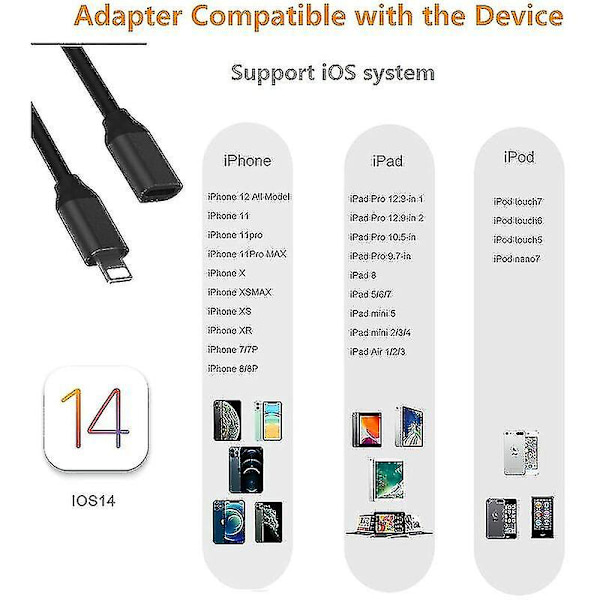 1 metrin Lightning-jatkokaapeli iPhonelle ja iPadille, iPhonen jatkokaapeli Apple Mfi -sertifioitu naaras-uros-liitin, tukee äänen, videon, musiikin ja datan siirtoa