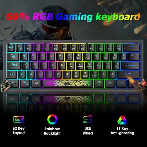 Speltangentbord, RGB-upplyst LED-bakgrundsbelysning, trådbundet tangentbord med mekanisk känsla, ergonomisk genväg för PC, bärbar dator, MAC, ps4, spelare, svart