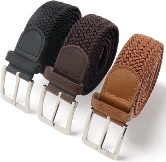 Vävda stretchbälten 3-pack för män kvinnor, hålfria elastiska flätade bälten, nickelfritt spänne, svart marin konjak, 3,5 cm bredd