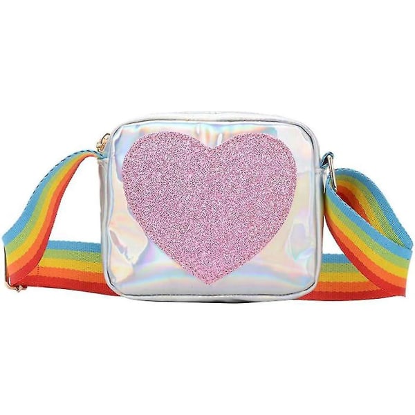 Trendig barnflickors plånbok med paljetthjärta, regnbågsaxelrem, axelväska, handväska för små flickor, småbarn (silver)