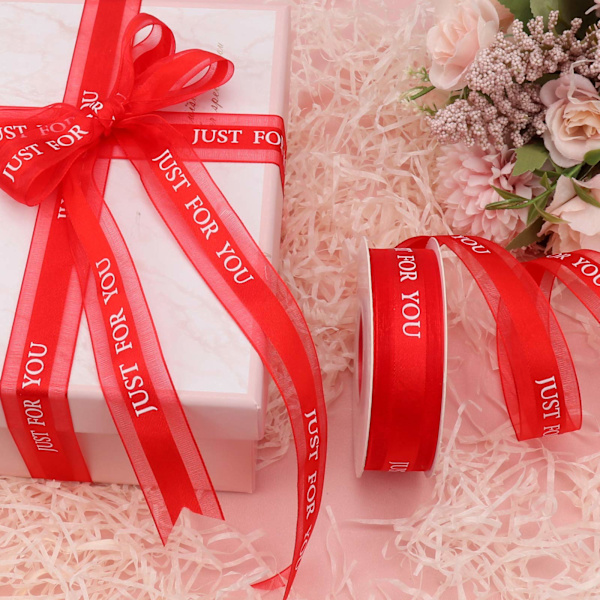 Rött bandtryck JUST for You Fabric Craft Ribbon Perfekt för hantverk, rosetter, presentinslagning, blombukett