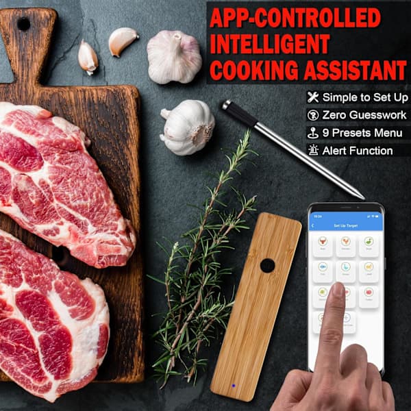 Trådløst smart kjøtttermometer med app Bluetooth IP67 vanntett rustfri stålsensor for grill, røyker, ovn, rotisserie, enkel sensor