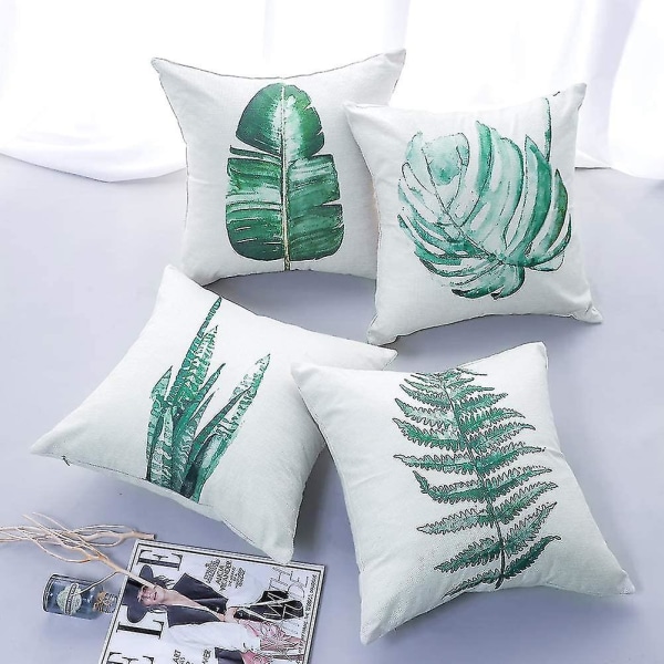Set med 4 Tropiska Växtblad Dekorativa Soffa Kuddfodral Geometrisk Mönster (45 X 45 Cm)