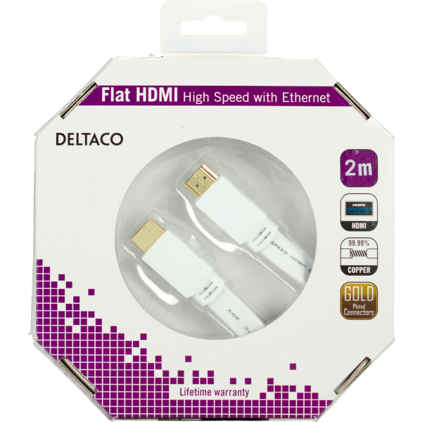 Litteä HDMI-kaapeli, HDMI High Speed Ethernetillä, 4K, 2 m, valkoinen