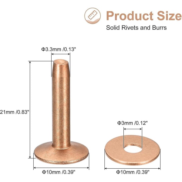 10 sarjan kupariniitit ja -hiot, 10x3,3x21mm kiinteät nahkaiset kupariniitit nahka-askarteluun, kuparin sävy