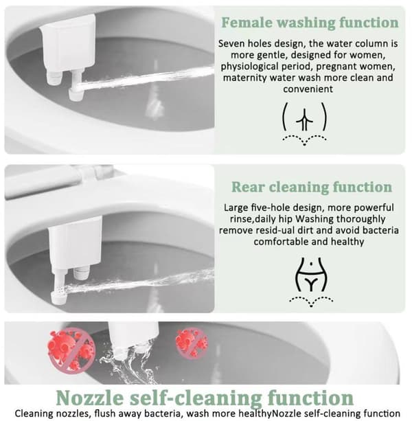 Bidet-tilbehør med selvrensende dyse og 2 sprøjtedyser - justerbart vandtryk, nem installation - inklusive monteringsvideo
