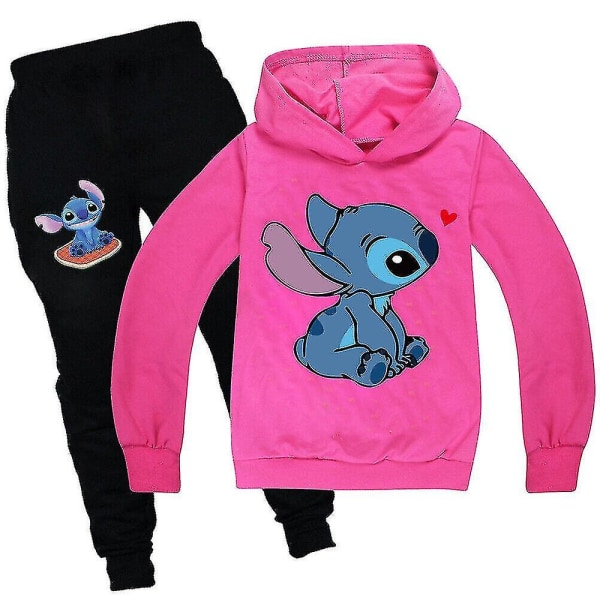 Lilo Stitch Träningsdräkt 2st Hooded Top Huvtröja Byxor Outfit Set Sportkläder för barn 150cm Rose