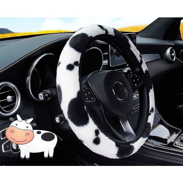 3pcs Fluffy Cow Steering Wheel Cover Soft Furry Plush Winter Warm Vehicle Car Steering Wheel Protector Warmer With Handbrake Gear Shift Plush Cover