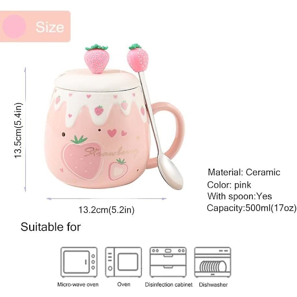 Sød Jordbær Krus Pink Kaffe Krus Keramisk kawaii Kop Morgen Te Mælk Frugt Krus med Smukke Låg Rustfrit Stål Ske Kreativ 500ML