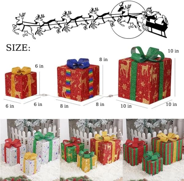 Julklappsaskar med belysta presenter, set om 3, belysta presentaskar för juldekorationer (stjärna)