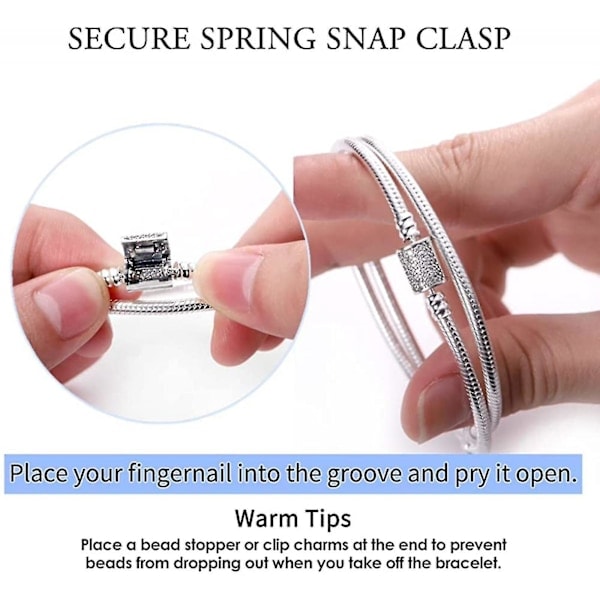 925 Sterling Sølv Slangekæde Armbånd Fuldt Kompatibelt med Pandora Charms, Sødt Klo Armbånd med Skinnende Rund Lås Charm Transparent Cz Jul
