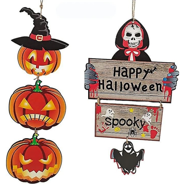 Halloween hängande prydnader i trä Trä,halloween hängande etiketter med rep Dubbelsidig, halloween fest Träpumpa spöke fladdermus prydnad Hem Ind Bd