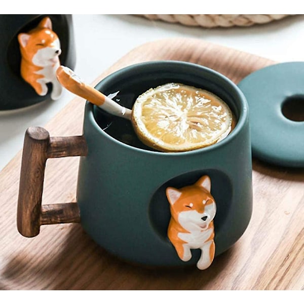 Søt tegneserie dyr Shiba Inu keramisk krus Kreativ menn og kvinner par med lokk skje drikkevann kaffekopp (grønn)