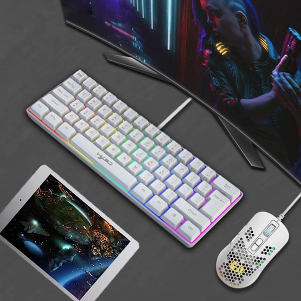 Trådad RGB-speltangentbord, 61 tangenter bärbart minikompakt tangentbord med 11 Chroma RGB-bakgrundsbelysning, ABS flytande tangentlock, full anti-ghosting-tangenter Vit