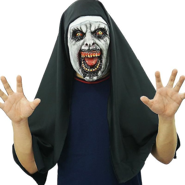 Halloween jul The Town Nun Cosplay Full Head Latex Mask Halloween Carnival Party Skrämmande Fancy Dress Up Devil Nun Kostym Skräck rekvisita Open Mouth