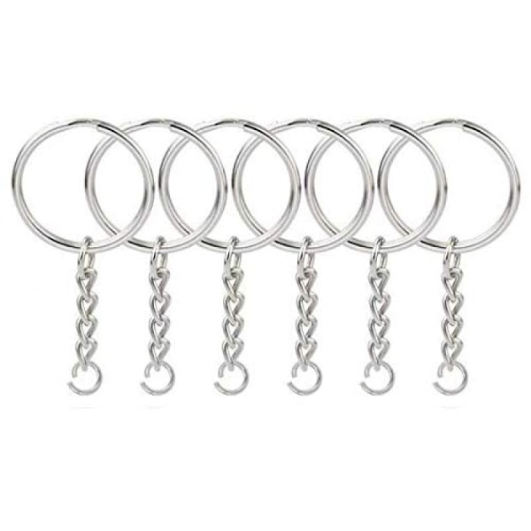 100 st 25 mm Silver Split Keyrings med kedja Metall Nyckelring Ringar Delar för DIY Nyckelringar Konst Hantverk Smycken Tillverkning